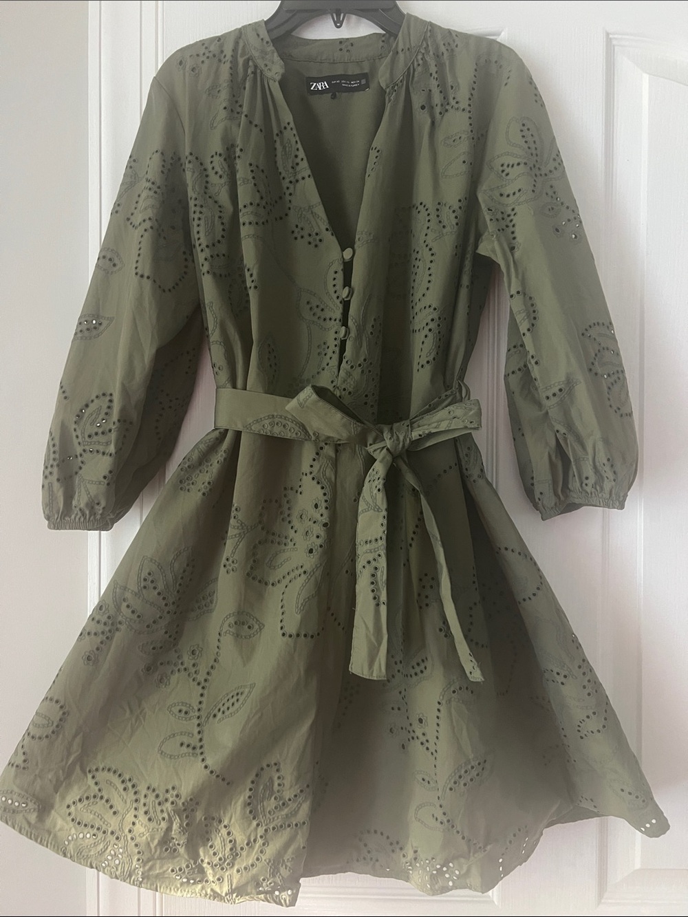 Zara Olive Eyelet Tie-Belt Mini Dress